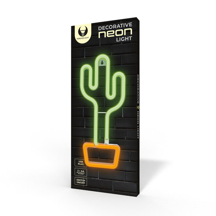 Forever Lampara Neon LED Cactus Naranja | Luz Decorativa de Sobremesa y Pared | USB y Pilas | 33 cm