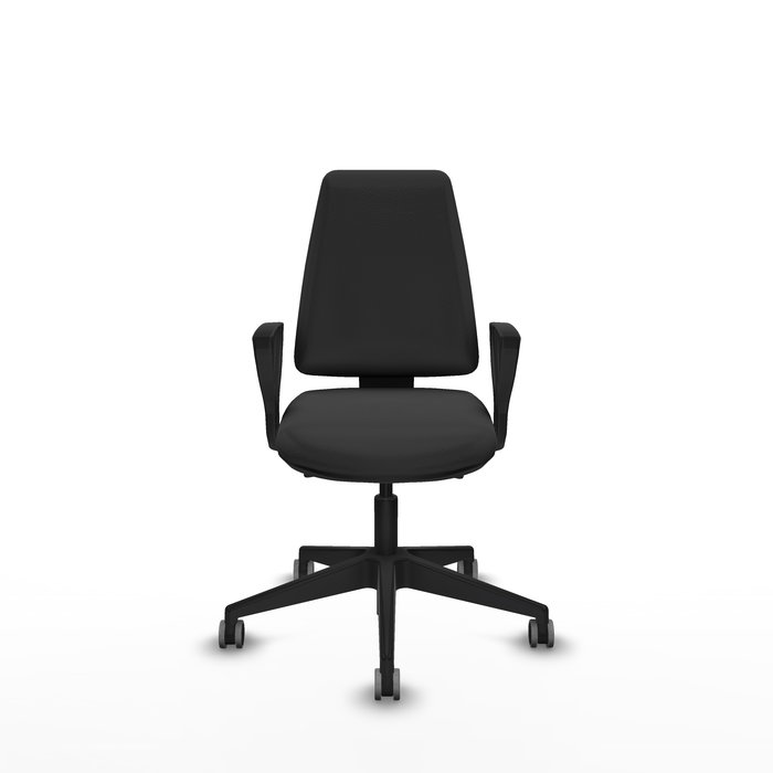 Silla de oficina Elche con mecanismo Asincro tapizada con Similpiel color Gris oscuro. Equipada con Base piramidal negra, Brazos fijos y Ruedas 65 mm parqué