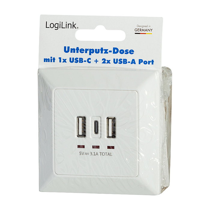 LogiLink Toma de corriente empotrada con 2x USB-A y 1x USB-C