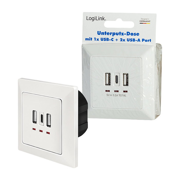 LogiLink Toma de corriente empotrada con 2x USB-A y 1x USB-C