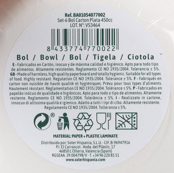 Algon Set 6 Bol de Cartón Plateado 450cc - 18 cm Ancho x 4 cm Alto x 18 cm Largo (18 Unidades)