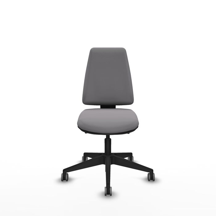 Silla de oficina Elche con mecanismo Asincro tapizada con Similpiel color Gris. Equipada con Base piramidal negra, Sin brazos y Ruedas 65 mm parqué