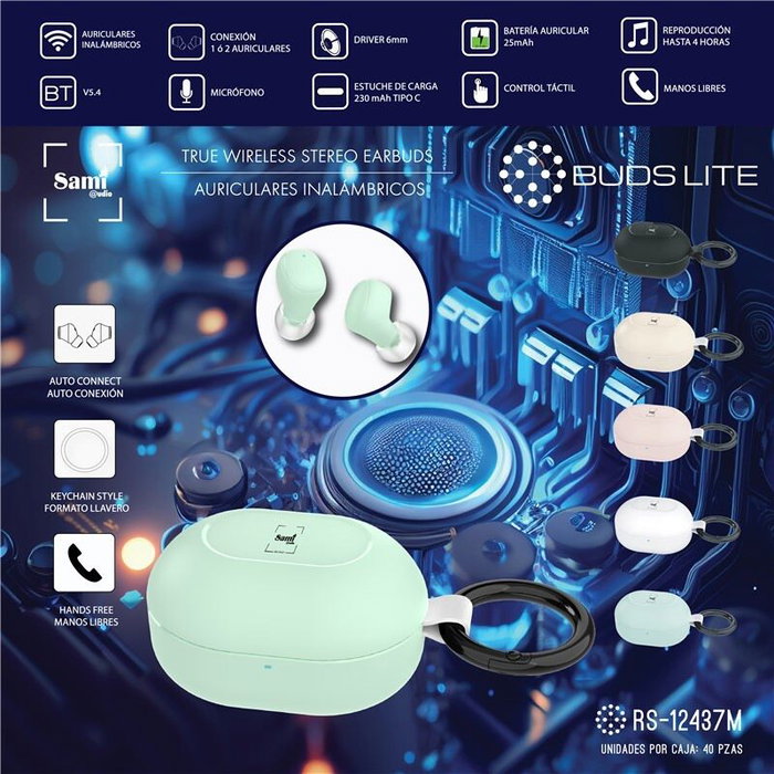 SAMI Auriculares Sami Buds Lite TWS, Inalámbricos Bluetooth, Carga 25mAh, Mini Llavero, Color Menta