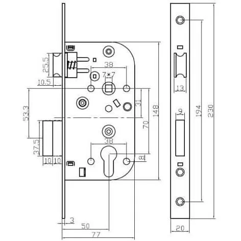 Yale Y60K-A50/N Cerradura empotrable con orificio para cilindro, eje 50mm, caja 148mm para puerta de entrada, servicio y locales sensibles