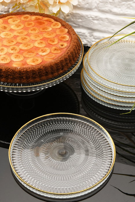 Hermia 7PTAY Set de Servicio de Pastel de Vidrio Transparente 7 Piezas (1 Pedestal 33 cm y 6 Platos 21 cm)