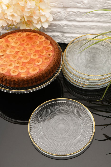 Hermia 7PTAY Set de Servicio de Pastel de Vidrio Transparente 7 Piezas (1 Pedestal 33 cm y 6 Platos 21 cm)