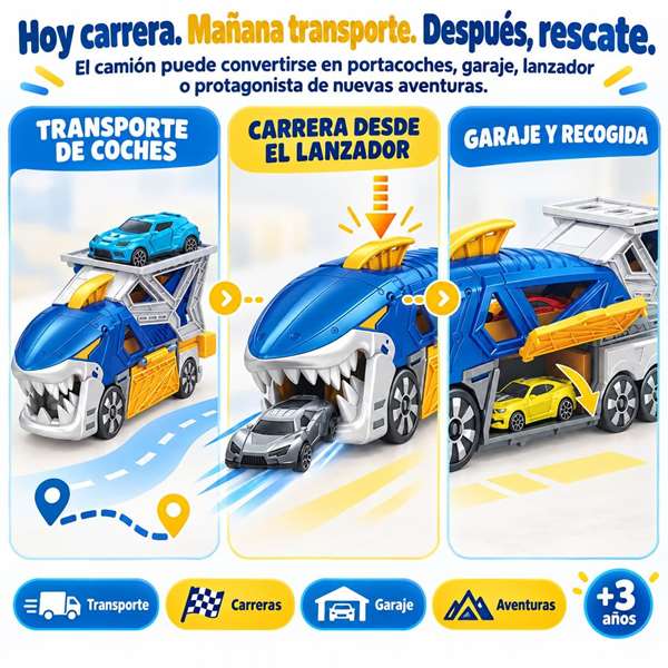 Jugatoys Camión Tiburón portacoches con 3 coches Jugatoys Camión Tiburón portacoches con 3 coches