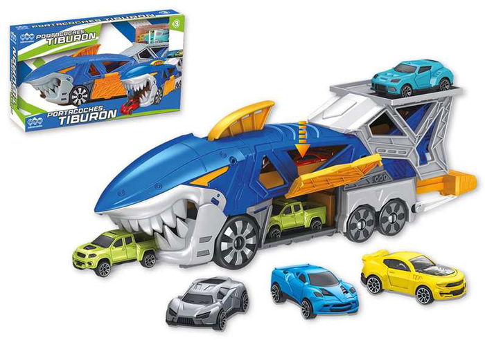Camión tiburón portacoches, incluye 3 coches, 33x11x7cm