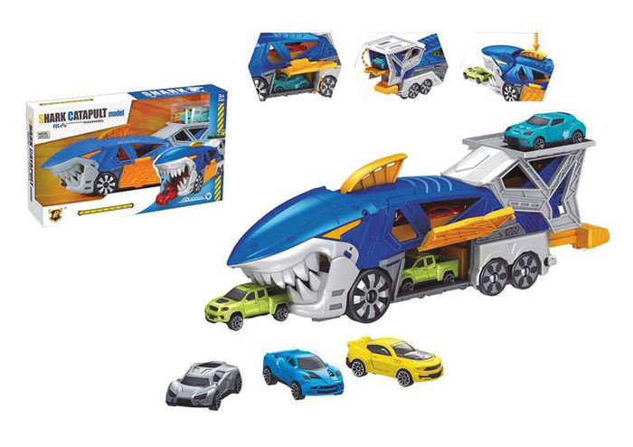 Camión tiburón portacoches, incluye 3 coches, 33x11x7cm