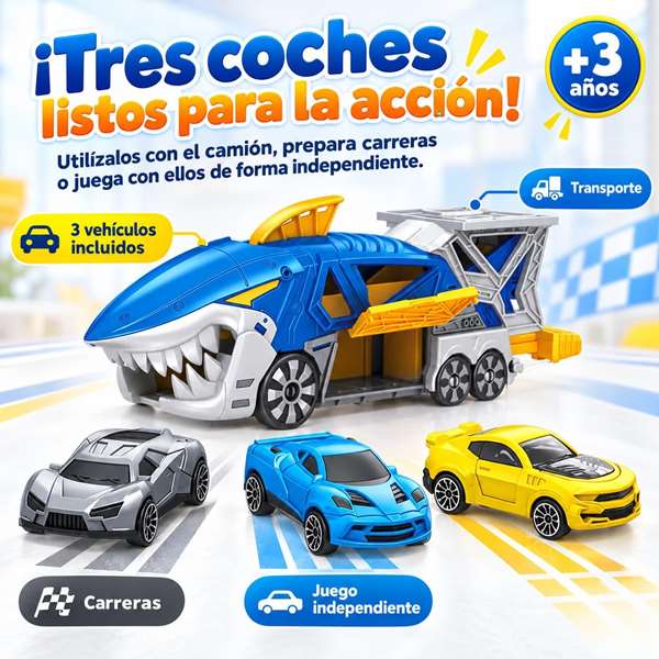 Jugatoys Camión Tiburón portacoches con 3 coches Jugatoys Camión Tiburón portacoches con 3 coches