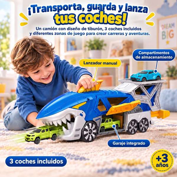 Jugatoys Camión Tiburón portacoches con 3 coches Jugatoys Camión Tiburón portacoches con 3 coches