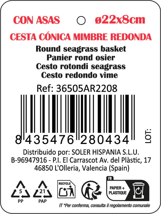 Inde Cesta Cónica de Mimbre Redonda con Asa (12 Unidades)