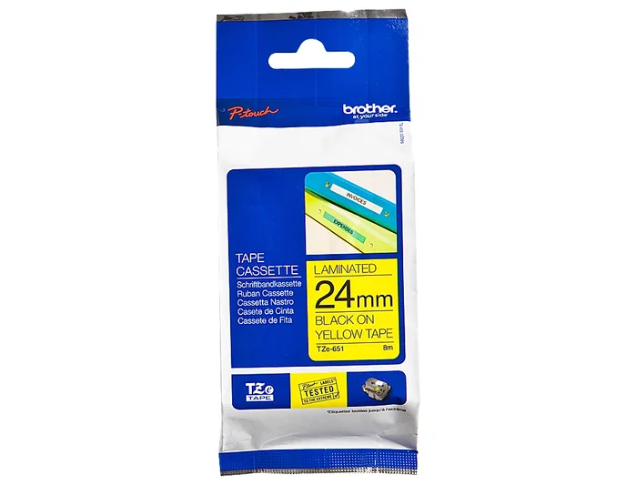 Brother TZe-651 Cinta Laminada 24 mm Negro sobre Amarillo 8 m