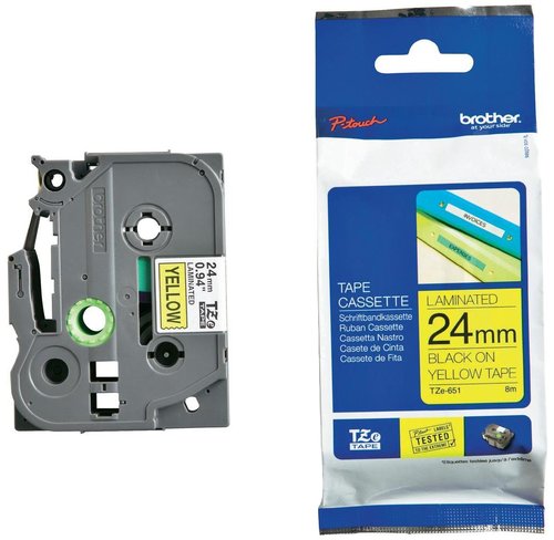 Brother TZe-651 Cinta Laminada 24 mm Negro sobre Amarillo 8 m