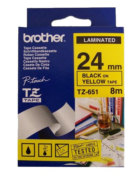 Brother TZe-651 Cinta Laminada 24 mm Negro sobre Amarillo 8 m
