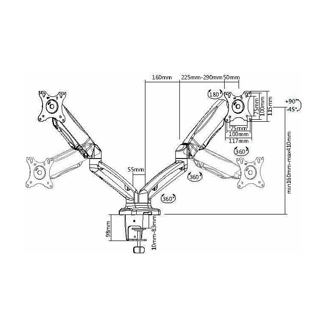 EQUIP Soporte de Montaje para 2 Monitores LCD de Escritorio (13" - 27") - Kit de Fijación Tamaños 33 - 68,6 cm, Negro