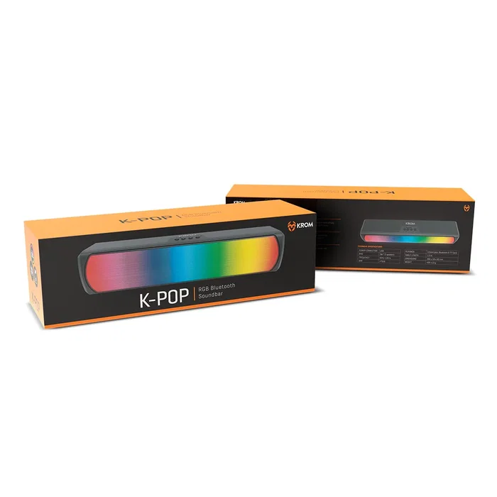 Krom Barra de Sonido K-POP Bluetooth RGB, 2.0 Canales 6W (2x3W), Efectos LED, Negro, 280 mm, Conexión AUX 3.5mm y Ranura para Tarjeta TF Krom Barra de Sonido K-POP Bluetooth RGB, 2.0 Canales 6W (2x3W), Efectos LED, Negro, 280 mm, Conexión AUX 3.5mm y Ranura para Tarjeta TF