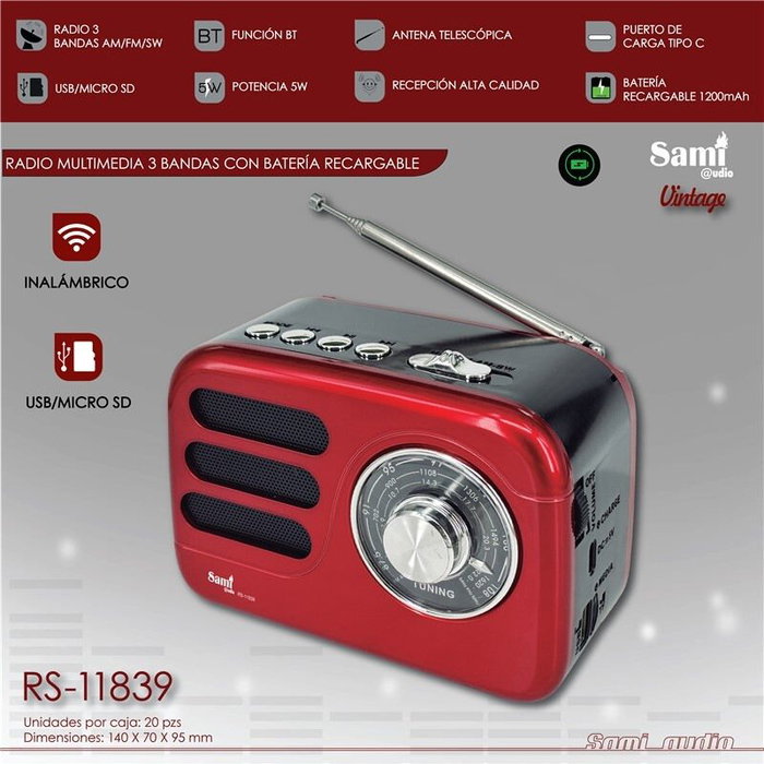 SAMI Radio Multimedia Vintage 3 Bandas (FM/AM/LW), Bluetooth, USB, Color Rojo