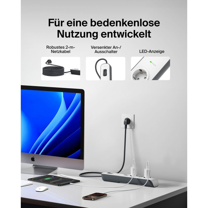Belkin Regleta de Protección contra Sobretensiones 4 Tomas, 2 m, Gris/Blanco