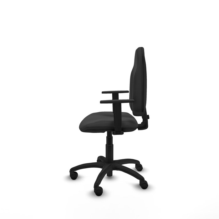 Silla de oficina Algarra con mecanismo Contacto permanente básico tapizada con Similpiel color Gris oscuro. Equipada con Base poliamida negra, Brazos 1D y Ruedas de nailon 50 mm