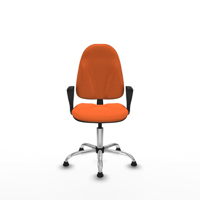 Silla de oficina Algarra con mecanismo Contacto permanente básico tapizada con Tela color Naranja. Equipada con Base cromada, Brazos fijosy Topes