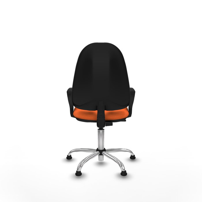 Silla de oficina Algarra con mecanismo Contacto permanente básico tapizada con Tela color Naranja. Equipada con Base cromada, Brazos fijosy Topes