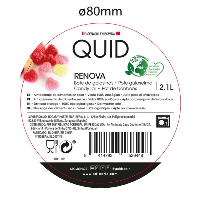 Tarro Vidrio Tape Metal Renova Quid 2,1 L