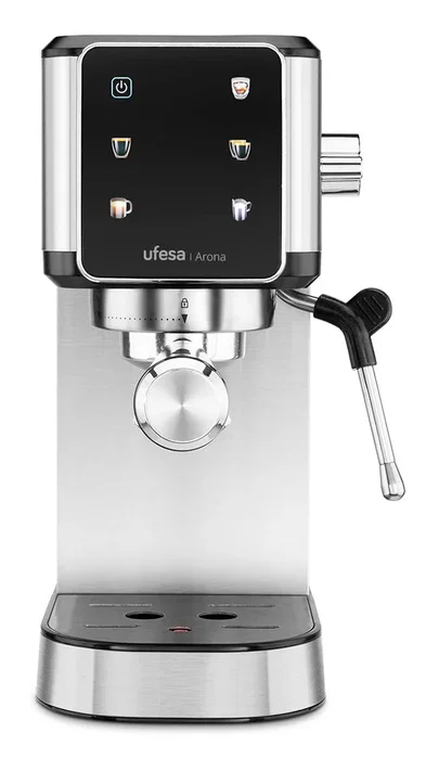 Ufesa Arona - Cafetera Espresso Manual, 20 bares, 1350W, 1L, Portafiltro para Café Molido y Monodosis, Vaporizador, Negro/Acero Inoxidable, 71706117