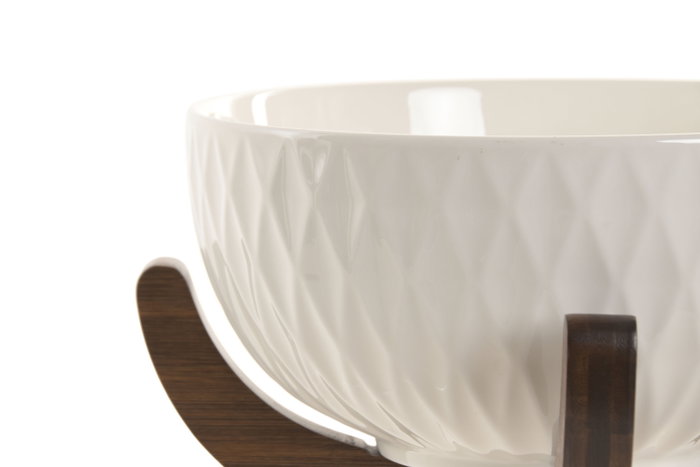 DKD Home Decor Set de 3 Ensaladeras Pengjia 25 de Porcelana y Bambú Blanco/Marrón Oscuro Skew: B1C9BFZ8MF
