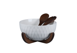 DKD Home Decor Set de 3 Ensaladeras Pengjia 25 de Porcelana y Bambú Blanco/Marrón Oscuro Skew: B1C9BFZ8MF
