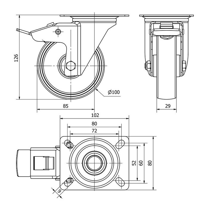 Ruedas Alex Rueda giratoria Poliamix con Placa, Eje Liso y Freno, Color Blanco, Carga Máx. 150 kg, Ø 10 cm