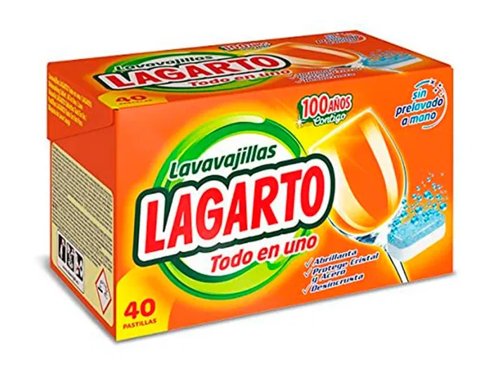 Lagarto Pastillas Lavavajillas Todo en Uno Abrillanta y Desincrusta Caja 40 Unidades