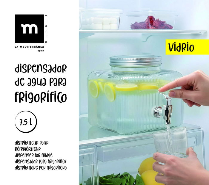 Inde Tarro Dispensador Frigo de Vidrio 7.5 Litros - Capacidad 7.5L, Medidas 23 x 23 x 20.5 cm (4 Unidades)