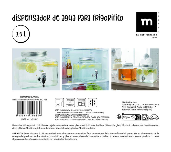 Inde Tarro Dispensador Frigo de Vidrio 7.5 Litros - Capacidad 7.5L, Medidas 23 x 23 x 20.5 cm (4 Unidades)