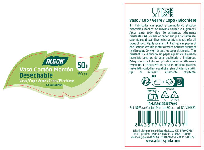 Inde Set 50 Vasos Carton Marron 80cc (18 Unidades)