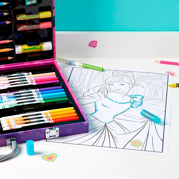 Crayola Maletín de Artista Princesas Disney 25-1094 con 48 Ceras, 15 Rotuladores, 12 Lápices, Pegatinas, Purpurina y Páginas para Colorear