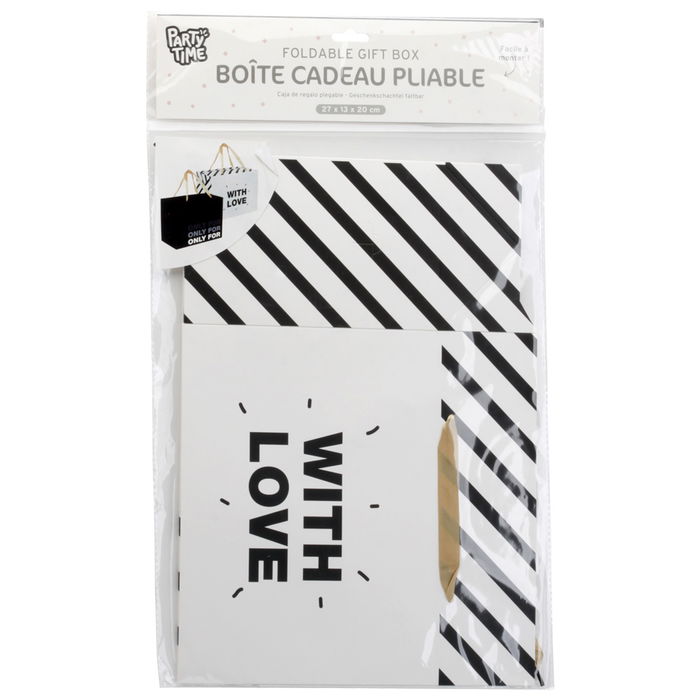 Party Time Caja Regalo Plegable con Asas de Cinta de Tela, Medidas 27x13x20 cm, Modelos Blanco y Negro
