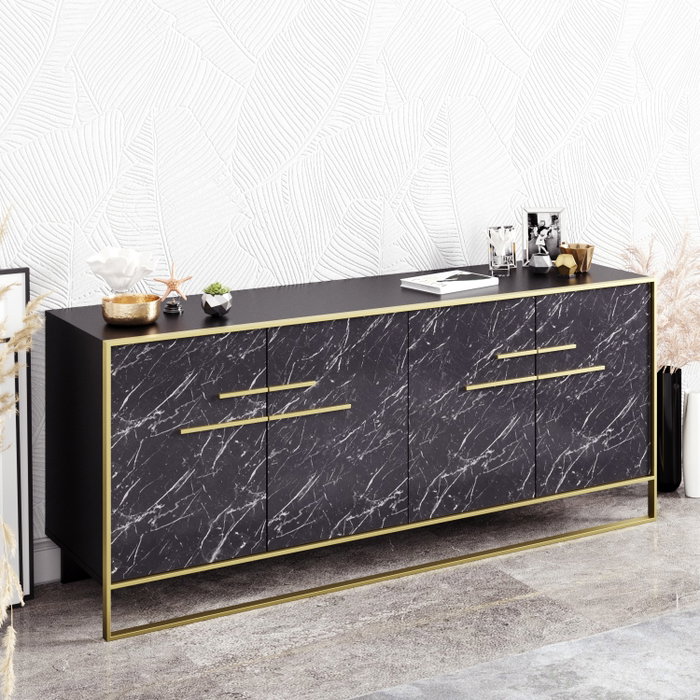 Hanah Home Polka - Black Consola 179.9x75x47.3 cm Tablero Partículas Melaminado Metal Dorado Mármol Moderno