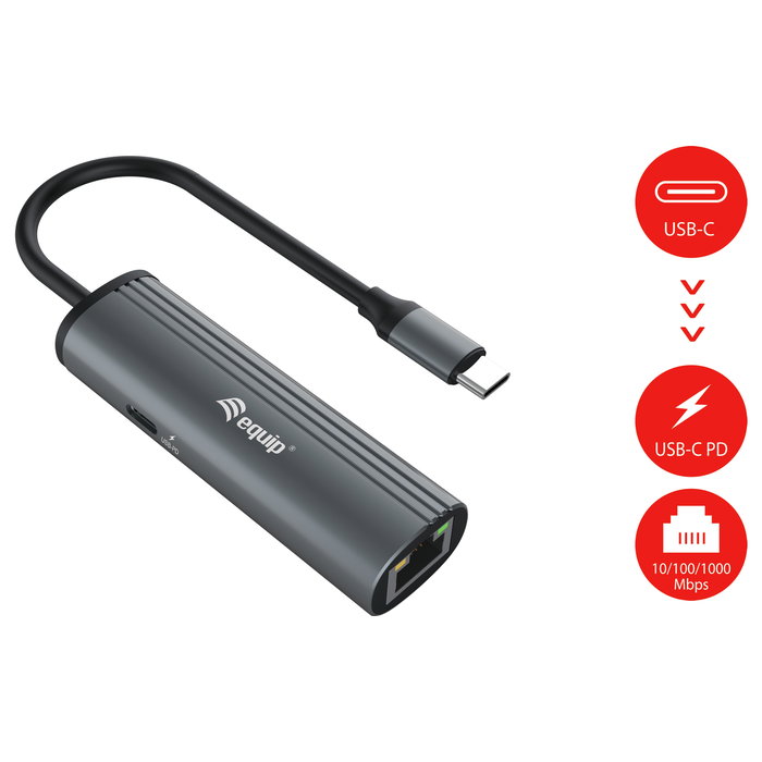 Equip Adaptador USB-C a RJ45 Gigabit y USB PD 100W Gris Equip Adaptador USB-C a RJ45 Gigabit y USB PD 100W Gris