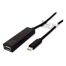 VALUE Cable de extensión USB 2.0 con repetidor, USB C a USB A, 15 m, Negro