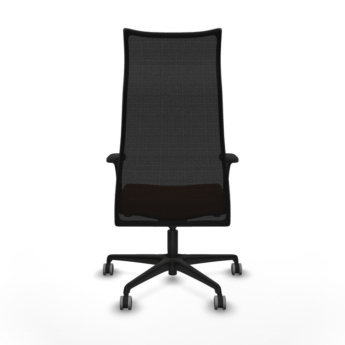 Sillón Albacete con mecanismo Sincro tapizada con Similpiel color Marrón y malla color Negro. Equipado con Base nailon negra, Brazos 1D y Ruedas 65 mm parqué