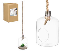 Giftdecor Jarrón Colgar Cuerda Forma Bombilla Grande 18.5 x 27 x 18.5 cm Transparente/Marrón Vidrio Borosilicato/Cáñamo (Set de 6)