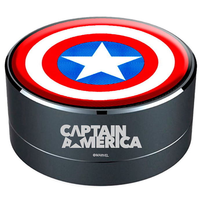 ERT GROUP Altavoz Portátil Inalambrico Capitán América Marvel con Micrófono y Lector MP3, Diseño Compacto, Batería 300 mAh, Radio FM, Carcasa Aluminio, Luz LED