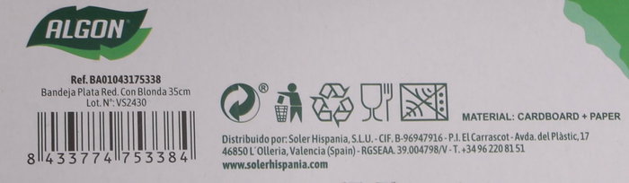 Algon Bandeja Redonda de Plata con Blonda 35 cm (48 Unidades)