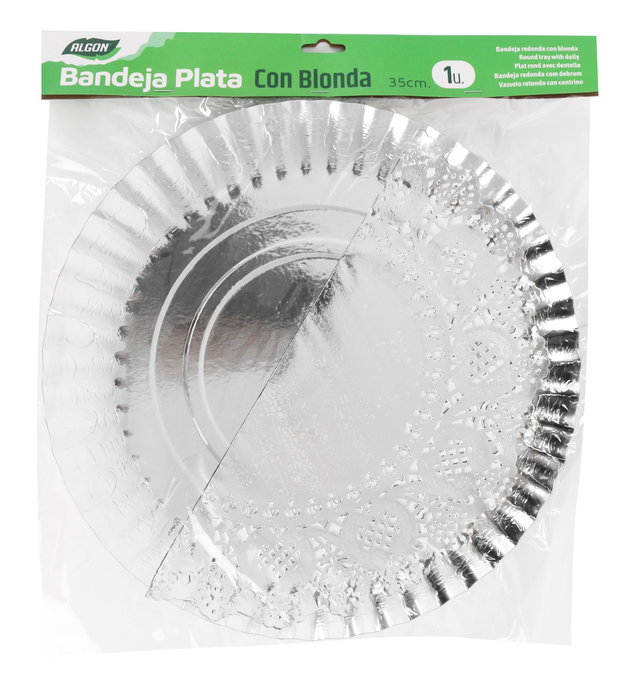 Algon Bandeja Redonda de Plata con Blonda 35 cm (48 Unidades)