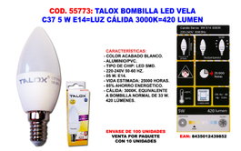 TALOX Bombilla LED Vela C37 5W E14 Luz Cálida 3000K 420 Lumen