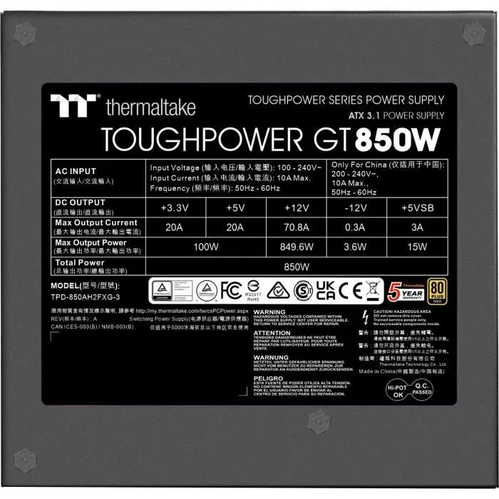 Thermaltake Toughpower GT 850 W 80 PLUS Gold ATX 3.1 Modular Negro Thermaltake Toughpower GT 850 W 80 PLUS Gold ATX 3.1 Modular Negro
