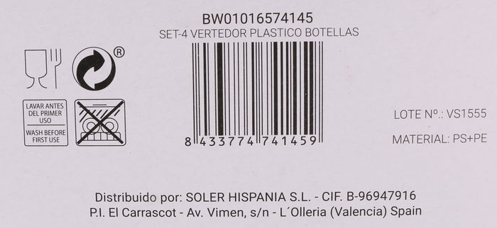 Wooow Set de 4 Vertedores Plástico para Botellas Privilege 2.9 cm (Ancho) x 9 cm (Alto) x 2.9 cm (Largo) (36 Unidades)