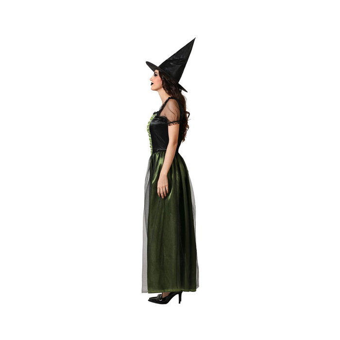 Disfraz de Bruja - Vestido Largo Verde Satinado con Sombrero Puntiagudo para Mujer Adulta Tallas M-L