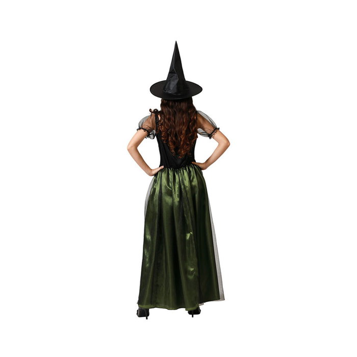 Disfraz de Bruja - Vestido Largo Verde Satinado con Sombrero Puntiagudo para Mujer Adulta Tallas M-L